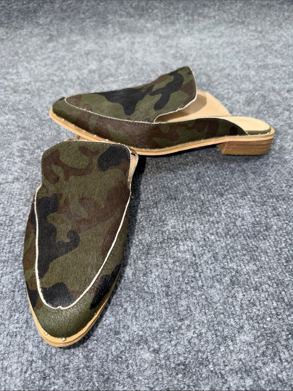 Very Volatile Camouflage Pointed Slip-On Hair Camo Mules in Olive and Black